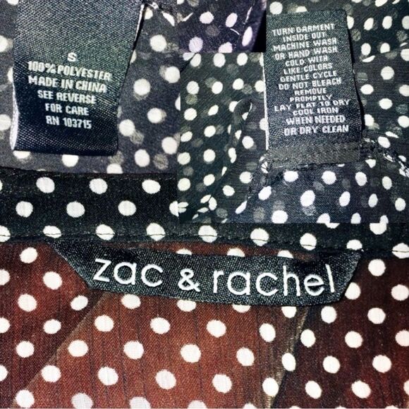 Zac & Rachel Vintage Y2K Top Black White Sheer Polka Dot Button Up Tab Sleeves S - Picture 4 of 16